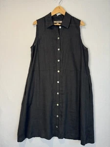 FLAX Black Button Front Shirt Dress 100% Linen w/ Pockets Preppy Lagenlook - Picture 1 of 4