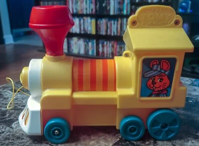 Vintage 1980s TOMY Plastic Pull Toy Extending Yellow Train Rabbit Conductor - Image 1 of 4