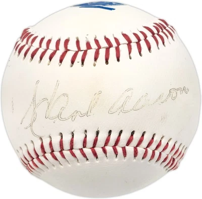 Hank Aaron Auto Off. Canton Akron Indians Logo Baseball Braves Beckett AD43484 - Image 1 of 4