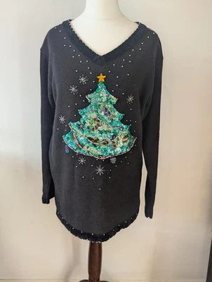 Vintage sequin embellished beaded black jumper christmas tree winter festive   - Image 1 of 4