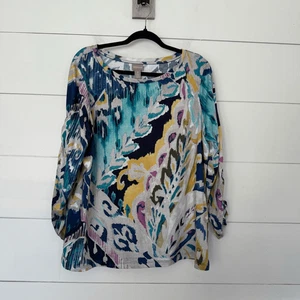 Chico’s Women’s 3 Blue Grey Patterned Blouse Top - Picture 1 of 5