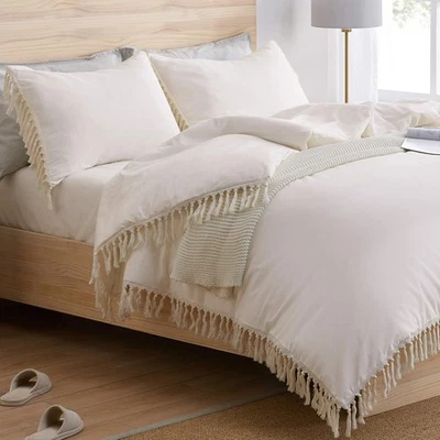 Bohemian Boho Chic Ivory Macrame Tassel 3 pc. Queen Duvet Cover Set Fringe Indie - Image 1 of 4
