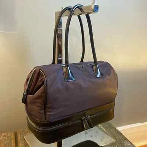 Prada bag handle nylon train case Boston black burgundy top carry COA included - Picture 1 of 15