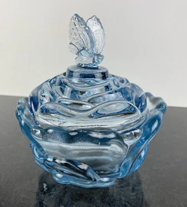 Fenton Blue Glass Cabbage Bowl Trinket Tray Butterfly Handle Authentic A15 - Picture 1 of 15