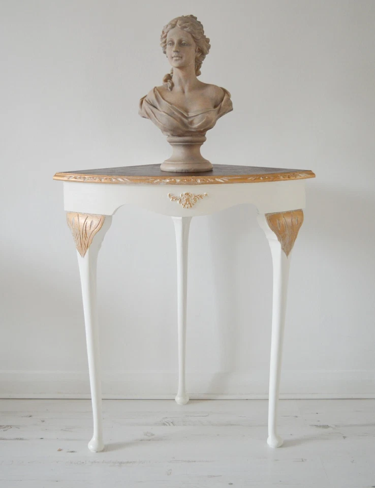 French Style Corner Console Table, Hand Painted White & Gold Solid Wood Table - Image 1 of 4