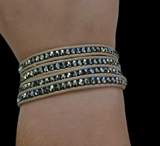 Club Monaco Tan Leather Silver Bead 32.5" Long Wrap Bracelet 