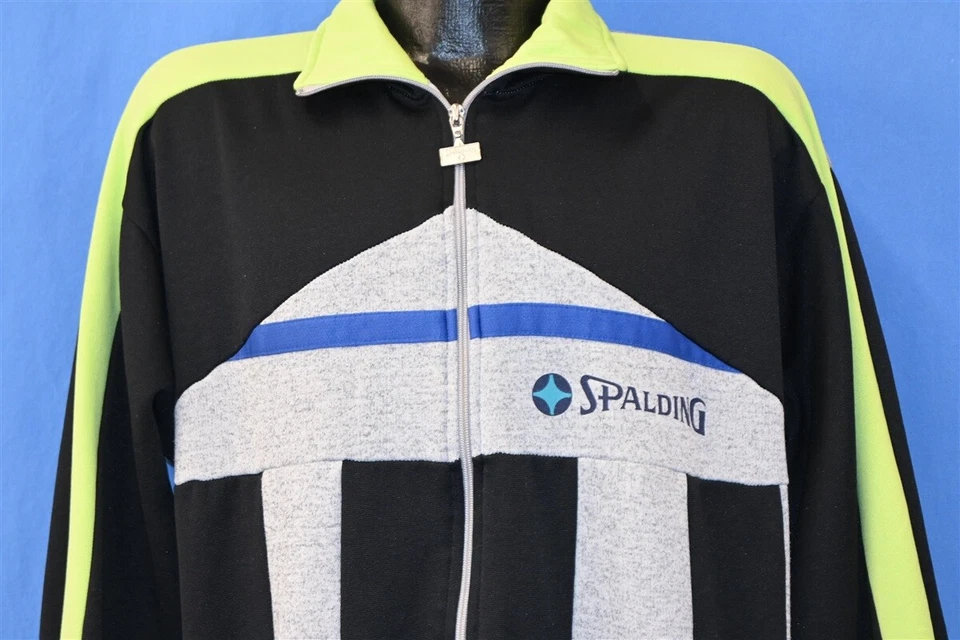 vintage 80s SPALDING BLACK GRAY NEON GREEN ZIPPER ZIP UP WARM UP TRACK JACKET L Foto 1 de 4