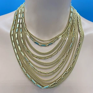 Kramer Signed 18 Strand Gold-Tone Bib Necklace 14” / 20” + 3 Chain & Rectangles - Picture 1 of 12