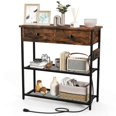 Entryway Table with Charging Station Narrow Console Table with 2 Drawers Brown - Image 1 of 4