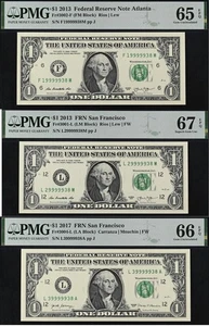 2013 $1 FRN PMG 67EPQ - Rare Fancy Serial Numbers 19999938 29999938 39999938 - Picture 1 of 7