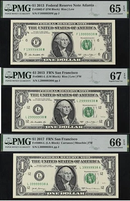 2013 $1 FRN PMG 67EPQ - Rare Fancy Serial Numbers 19999938 29999938 39999938 - Image 1 of 4