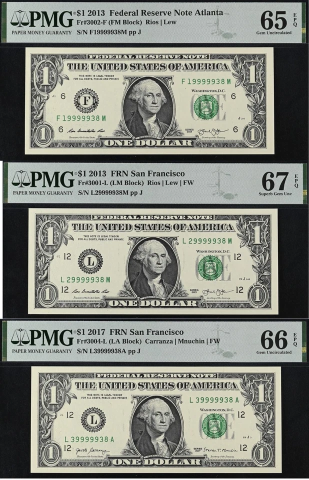2013 $1 FRN PMG 67EPQ - Rare Fancy Serial Numbers 19999938 29999938 39999938 - Image 1 of 4