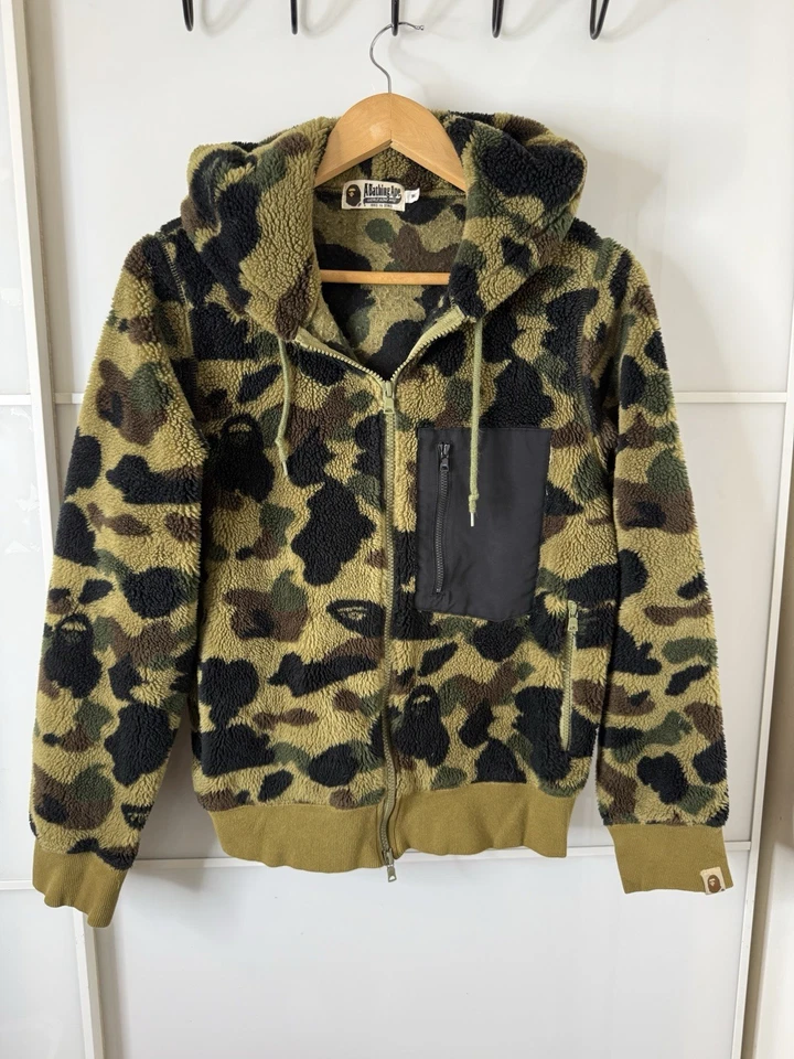 Rare A BATHING APE Camouflage Fleece Jacket w/Hood Size M Camo Warm Outerwear - Image 1 of 4