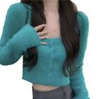 Women Long Sleeve Solid Color Square Neck Button Down Tight Knitted Crop Top