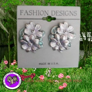 Jewelry Silver Green Purple 'Flowers' Post Earrings USA 1980 NOT SIGNED - Picture 1 of 1