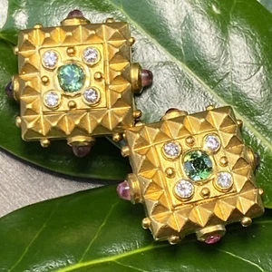 Tourmaline Diamond 18K Yellow Gold Vintage Earrings Square Estate Fine Jewelry - Picture 1 of 24
