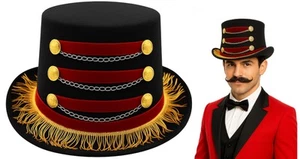 Deluxe Ringmaster Top Hat Red Black Circus Coachman Hat with Gold Fringe Butt... - Picture 1 of 7