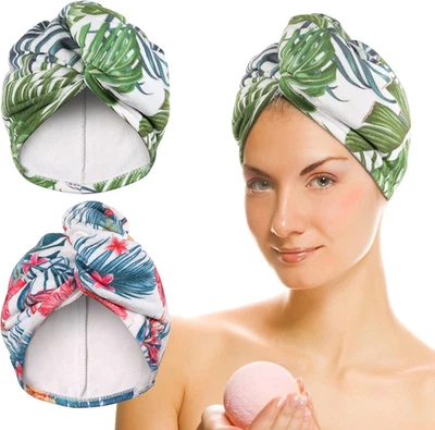 Microfiber Hair Towel Wrap 2Pack, Printed Wraps for Women with Loop&Button, Thin - Image 1 of 4