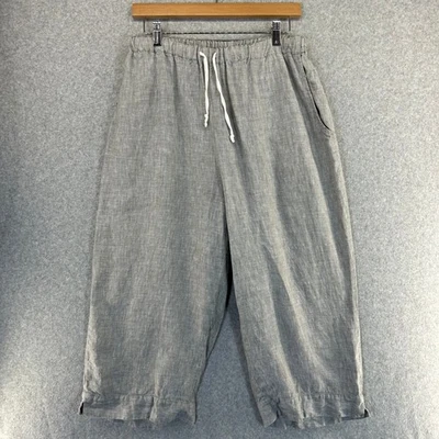 Pantalones FLAX Gris Medio Lino Cordón Lagenlook Recortados Capris Cintura Elástica Foto 1 de 4