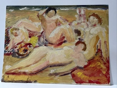 JO CAIN PAINTING BEACH MODERNISM ANTIQUE MID CENTURY FAMOUS WPA SUN BATHERS OIL - Image 1 of 4