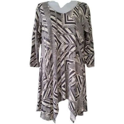 Womens Sahara Grey White Geo Hanky Asymmetric Hem Lagenlook Jersey Tunic Top S. - Image 1 of 4