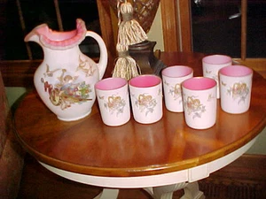 LOT THOMAS WEBB SATIN GLASSES W/ CASED WATER PITCHER SET  OF SEVEN W CHERUBS - Picture 1 of 12