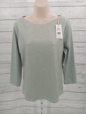 Camisa Vineyard Vines para mujer pequeña salvia oliva cuello barco rayas sankaty manga 3/4 Foto 1 de 4