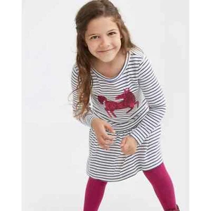 Joules Girl's Paula Dress Navy Stripe Dropped Waist Sequin Pink Horse Sz 11-12 - Picture 1 of 13