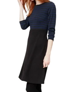 LOFT BLACK & NAVY STRIPPED 1 pc KNIT FIT & FLARE DRESS 3/4 SLEEVES SZ 6 P - Picture 1 of 9