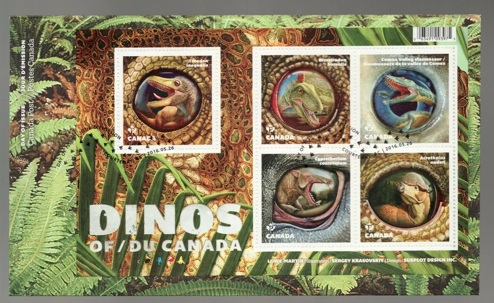 #2923 souvenir sheet OFDC - Dinos of Canada - 2016 - Dinosaurs - Superfleas - Image 1 of 1