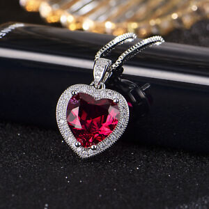 NEW Lovely Heart Shape Fire Red Garnet Gems Charm Women Silver Necklace Pendants