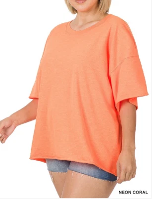 Zenana  1X French Terry Oversized Drop Shoulder Round Neck Raw Hem Tee N Coral - Image 1 of 2