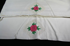 Vintage Pair Hand Embroidered White Pillowcases Inlayed Crochet Pink Flower