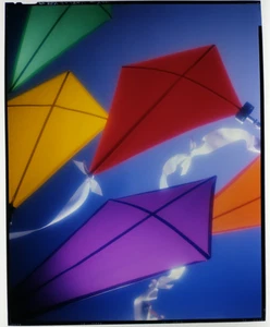 1980s Art 8x10" Color Transparency Slide Colorful Kites Blue Sky - Picture 1 of 1