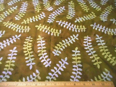 Batik Fabric 5/8 Yard SALE Lavender Lt Green Leaves on Brown Cotton #M72 #C - Image 1 of 2