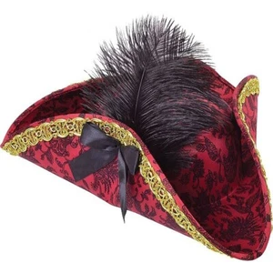 Red Pirate Tricorn Hat With Feather Jack Sparrow Fancy Dress Caribbean Costume - Picture 1 of 1
