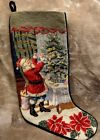 Vintage Needlepoint Christmas Stocking Santa Claus Green Velvet Back Handmade