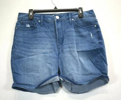 Pantalones cortos de mezclilla Seven7 para mujer lavado medio 5 bolsillos elásticos azul envejecido 10 Foto 1 de 4