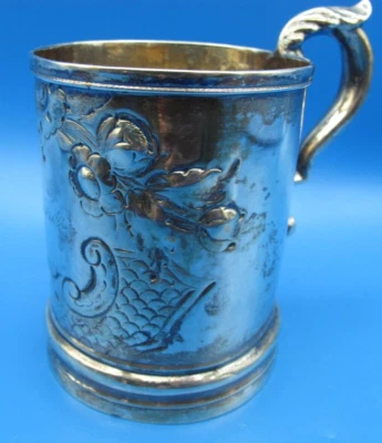Antique Coin Silver Mug, Repousse Decorated Scroll Handle 119.7 g, Engraved - Image 1 of 4