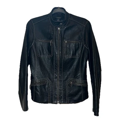 Chaqueta de Cuero Genuino Peck & Peck Talla Pequeña Negra Moto Cremalleras Recortadas Bolsillos Foto 1 de 4