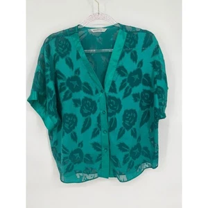 Vintage Woolworths Floral Sheer Button Down Blouse Short Sleeve Green Sz 14/16 - Picture 1 of 9