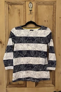 JOULES blue TOP Sleeves Size 10 100% COTTON Floral Striped BLOUSE white T-shirt - Picture 1 of 3