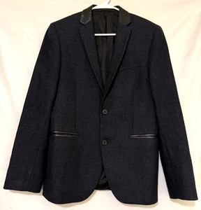 H&M Leather Trim Womens US 36R EUR 46 Navy Blue Tweed Herringbone Blazer Jacket - Picture 1 of 12