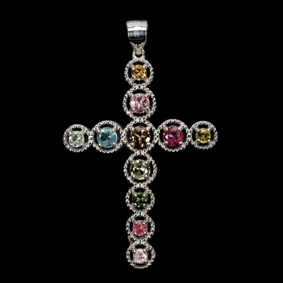 925 Sterling Silver Pendant Round Tourmaline 4mm Natural Gemstone Cross Jewelry - Image 1 of 4