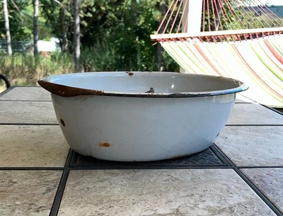 VTG Farmhouse Enamel Ware Wash Tub Basin Bowl White/Black Oval Baby Bath 18” - Image 1 of 4