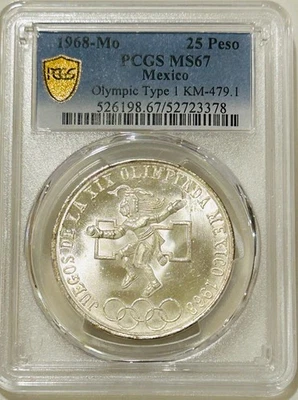 Mo México 1968 Juegos Olímpicos Tipo 1 Plata 25 Pesos PCGS MS67 Escudo Oro Foto 1 de 4