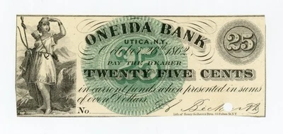 1862 25c H. Beckwith - Utica, NEW YORK Merchant Scrip at Oneida Bank AU - Image 1 of 2