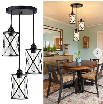 NEW! Dinglilighting 3-Light Industrial Pendant Light, Black Cage w/Glass Shade - Image 1 of 4