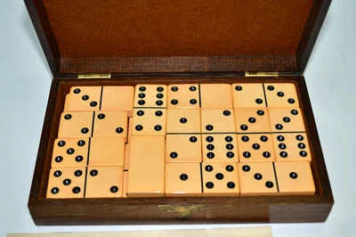 Vintage Old Butterscotch Bakelite Domino Set Wooden Box Brass Plaque #28 - Image 1 of 4
