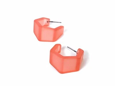 Coral Hexagon Geo Vintage Frosted Lucite Hoop Earrings  - Image 1 of 4